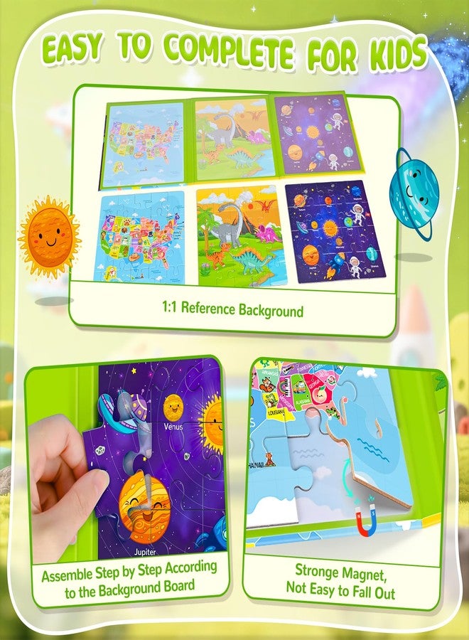 JUANCHI 3x20 Pieces Magnetic Puzzles for Toddlers 3-5, Map/Space/Dinosaur 3 in 1 Puzzles for Kids Ages 4-6, Car Airplane Road Trip Activities Toys for 3 4 5 6 Year Old Boys Birthday - Image 4